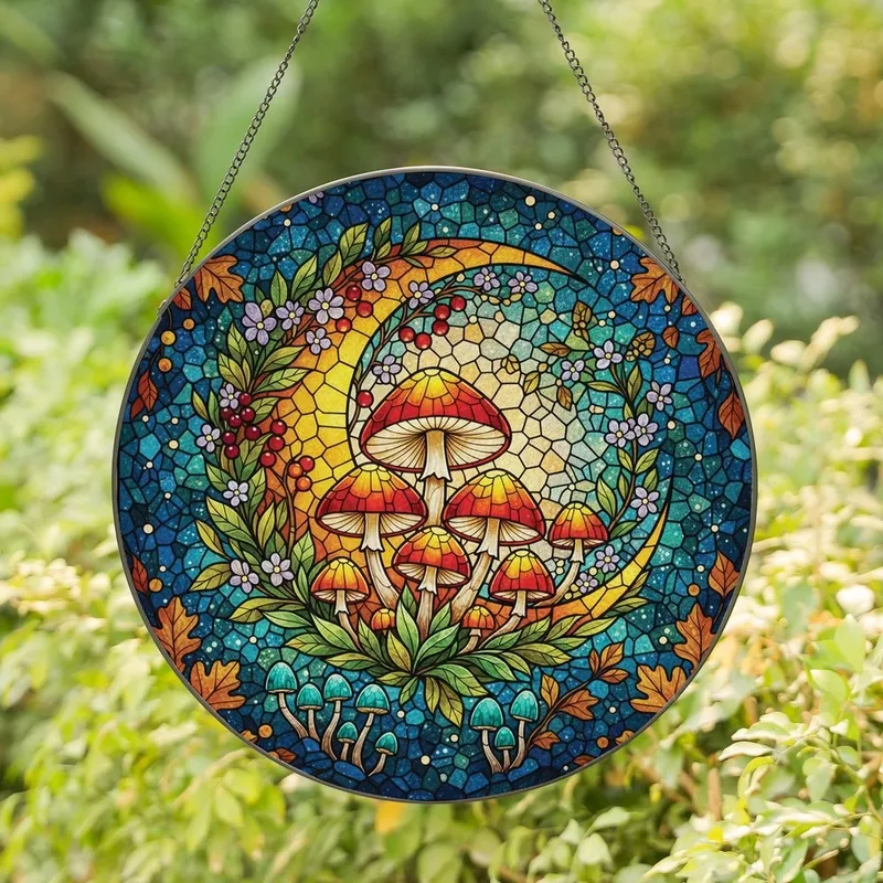 Fantasy Art Lovers' Intricate Glowing Tiffany Stained Glass Mushroom Moon Enchanted Forest Mosaic Stained Glass Suncatcher - 74obz_J7Qg