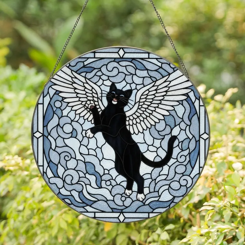 Fantasy Art Lovers' High Contrast Tiffany Style Stained Glass Winged Black Cat Ethereal Cloud Mosaic Stained Glass Suncatcher - V3fSXEzVS9