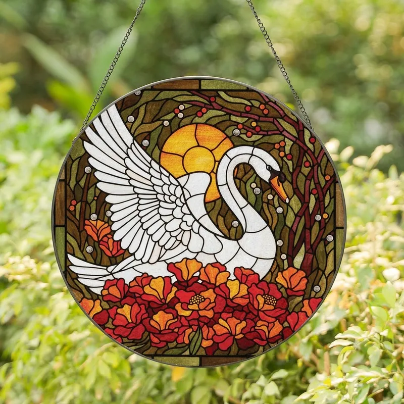 Art Lovers' Intricate Tiffany Style Stained Glass White Swan Orange Bloom & Golden Sun Stained Glass Suncatcher - 1