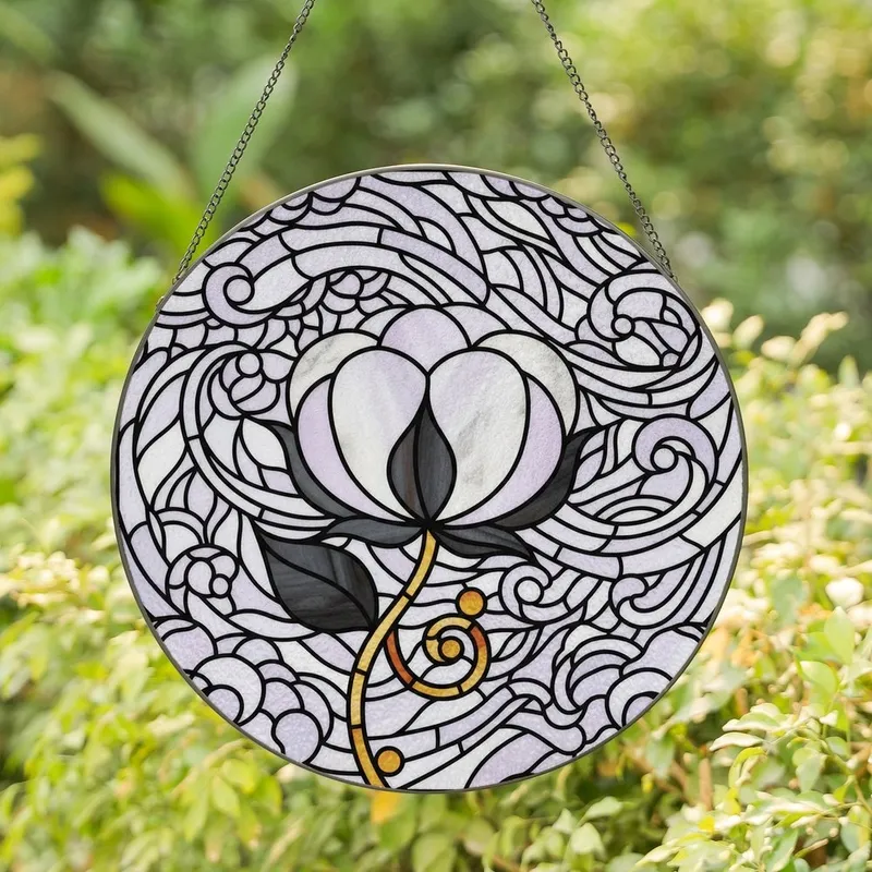 Nature Lovers' Tiffany Stained Glass Cotton Flower Lavender Amber Intricate Mosaic Stained Glass Suncatcher - 1
