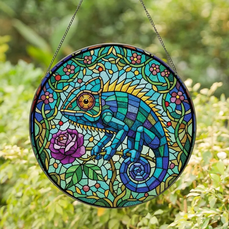 Art Lovers' Emerald Blue Purple Stained Glass Chameleon Rose Tiffany Style Mosaic Stained Glass Suncatcher - PCzoZt0a78