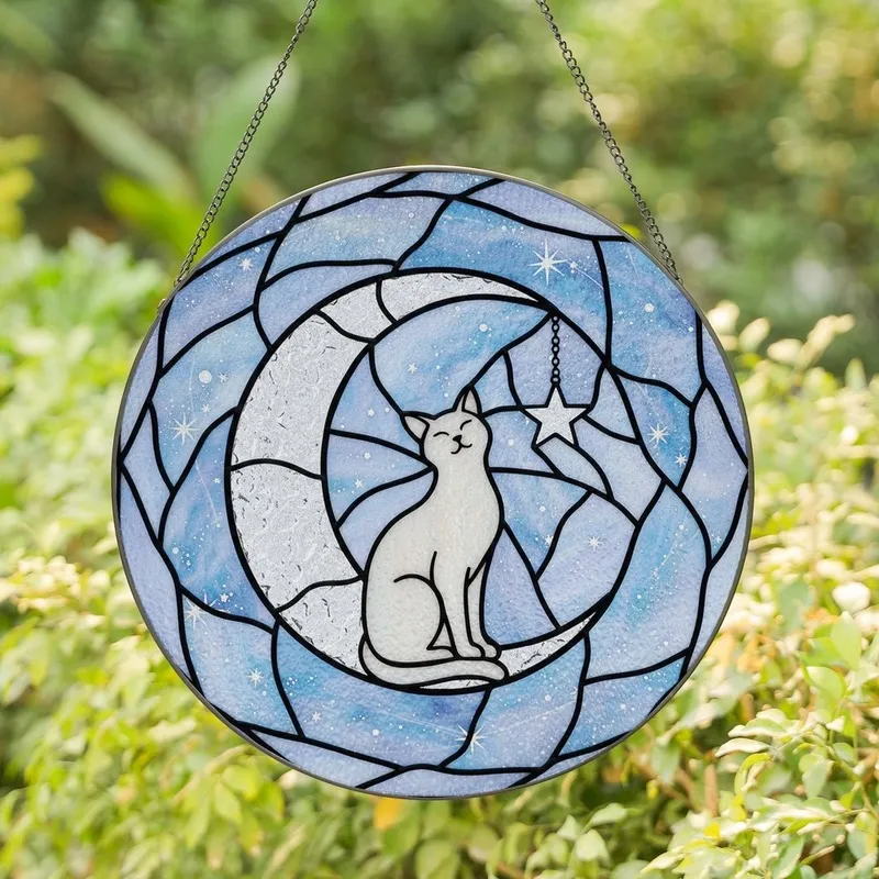 Cat Lovers' Tiffany Style Stained Glass Cat Moon Cosmic Nebula Opalescent Pale Blue Lavender Art Stained Glass Suncatcher - 1