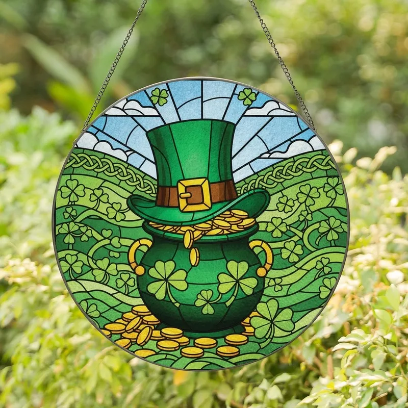 St. Patrick's Day Admirers Vibrant Emerald Gold Stained Glass Leprechaun Pot Shamrock Celtic Knot Full Art Stained Glass Suncatcher - T1_IDWqV5M