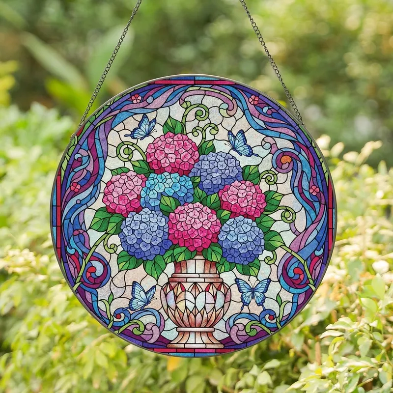Art Lovers' Vibrant Tiffany Stained Glass Hydrangea Bouquet Butterfly Jewel Tone Mosaic Pattern Stained Glass Suncatcher - 1