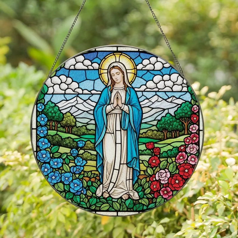 Timeless Art Enthusiasts' Tiffany Stained Glass Praying Maiden, Gold Halo, Vibrant Floral Landscape Mosaic, Jewel Tones Blue Gold Green Red Stained Glass Suncatcher - 1