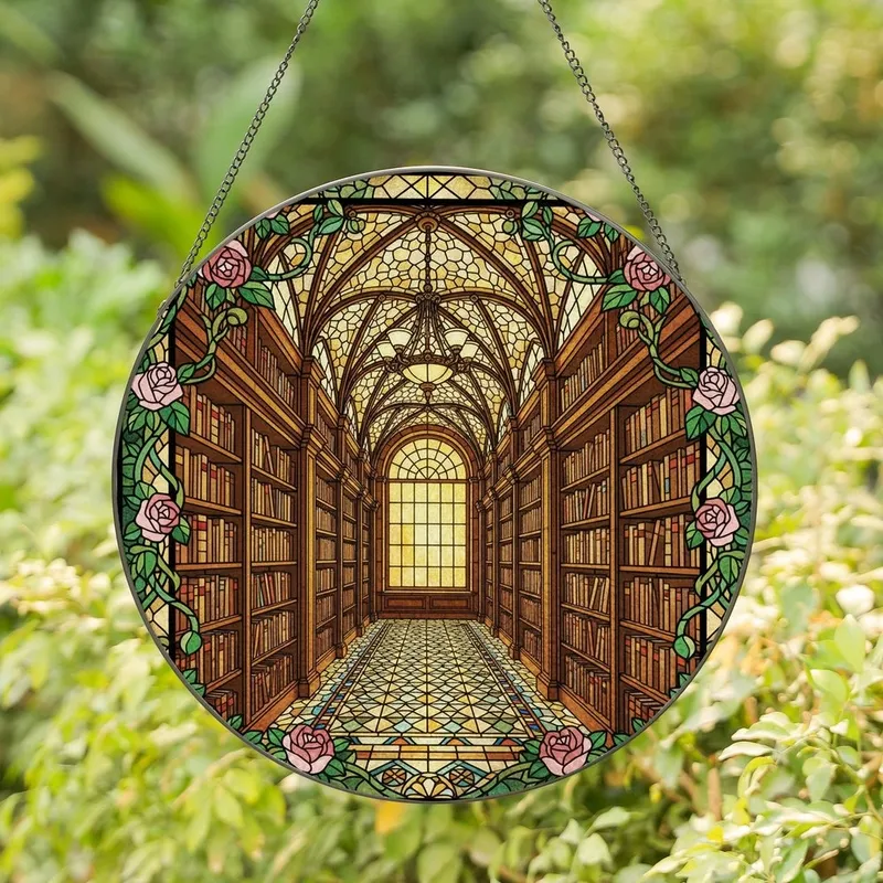 Book Lovers' Tiffany Stained Glass Library Corridor Design with Vibrant Jewel Tones & Book Stacks Stained Glass Suncatcher - 1