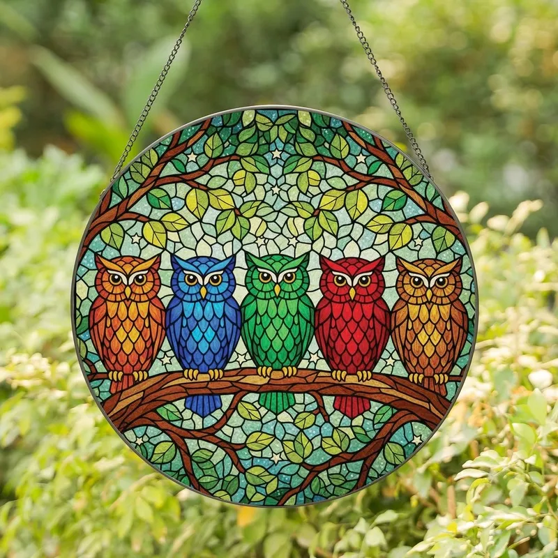 Nature Lovers' Vibrant Jewel Tone Stained Glass Owls Forest Canopy Mosaic Art Stained Glass Suncatcher - G6mrDNZR7A