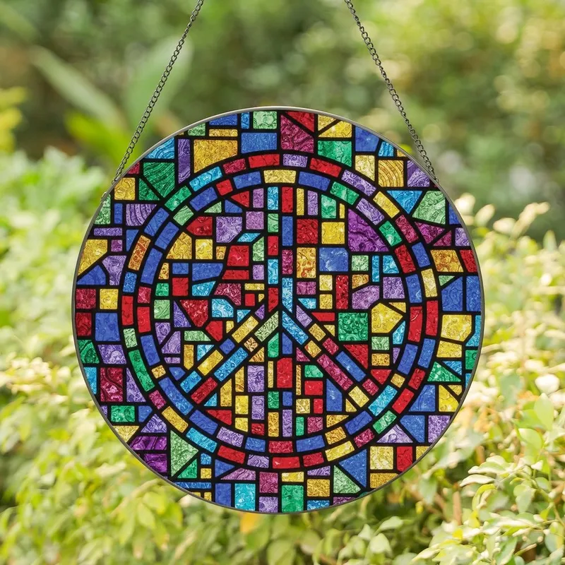 Peace Advocates' Intricate Tiffany Style Stained Glass Peace Symbol Mosaic Jewel Tones Red Blue Green Yellow Stained Glass Suncatcher - 1