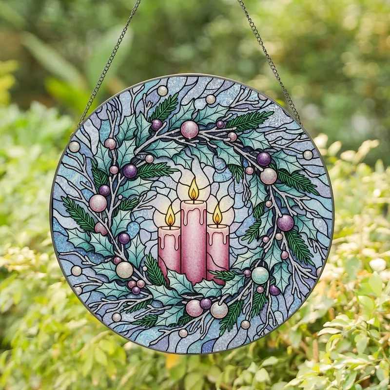 Holiday Decor Enthusiasts' Iridescent Pink Gold Stained Glass Advent Candle Wreath Stained Glass Suncatcher - 1