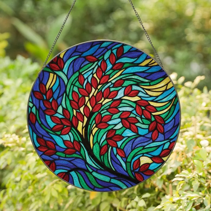 Nature Lovers' Intricate Tiffany Style Stained Glass Red Leaf Botanical Jewel Tones Stained Glass Suncatcher - 1