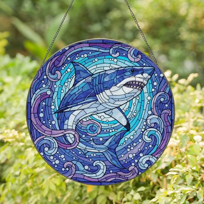 Ocean Lovers' Vibrant Stained Glass Great White Shark Ocean Mosaic with Blue Purple Waves Stained Glass Suncatcher - nHqEB1r6k7