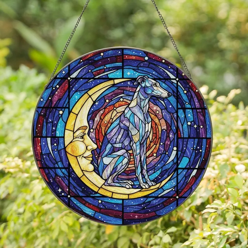 Greyhound Lovers' Tiffany Stained Glass Iridescent Greyhound Moon Starry Sky Golden Blue Art Stained Glass Suncatcher - 1