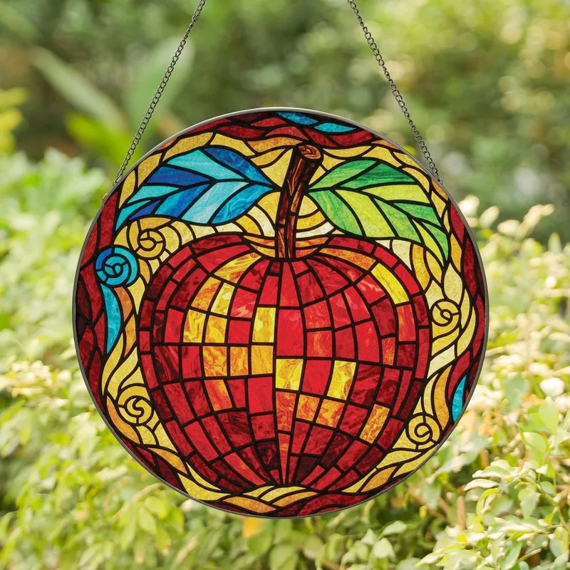 Art Lovers' Vibrant Stained Glass Mosaic Apple with Teal & Lime Leaves, Rich Jewel Tones & Swirling Abstract Patterns Stained Glass Suncatcher - 1