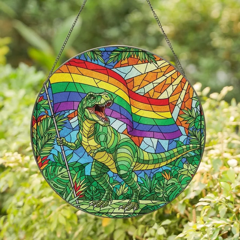 Vibrant Art Enthusiasts' Roaring T-Rex Rainbow Flag Stained Glass Mosaic Jewel Tones Stained Glass Suncatcher - 1