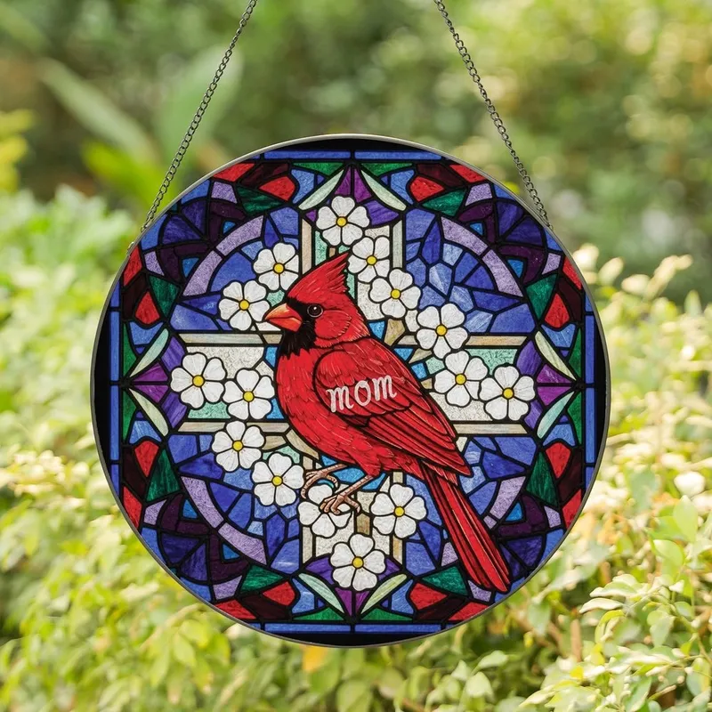 Mothers' Sentimental Art Tiffany Stained Glass Cardinal Mom Blossoms Cross Geometric Mosaic Jewel Tones Stained Glass Suncatcher - 1