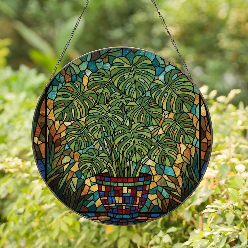 Plant Lovers' Lush Monstera Deliciosa Stained Glass Art with Jewel Tones & Bold Lead Lines Stained Glass Suncatcher - CUTRxNHIf2