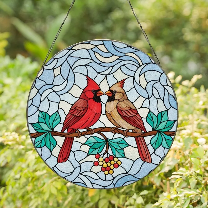 Art Enthusiasts' Tiffany Style Stained Glass Cardinal Pair Jewel Tone Intricate Winter Mosaic Stained Glass Suncatcher - Fo9iSa9r7H
