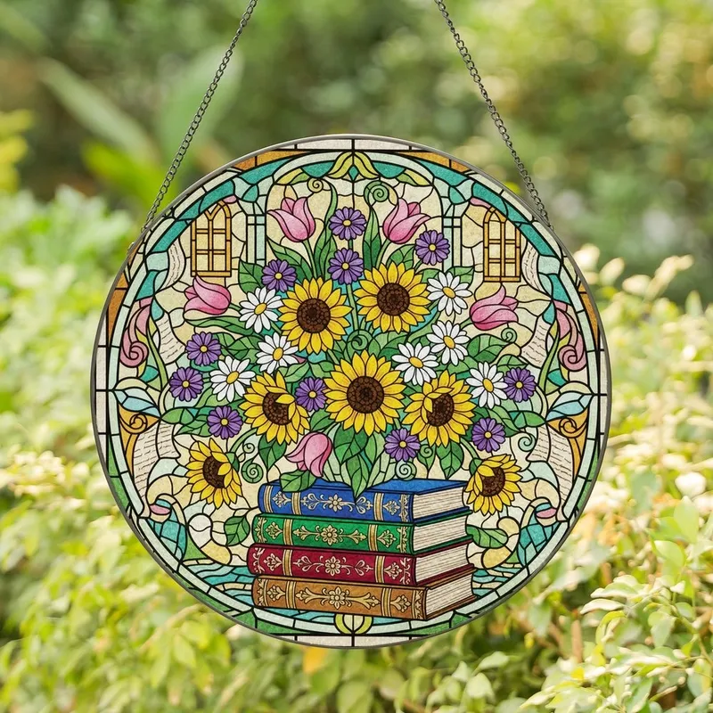 Art Lovers' Tiffany Style Stained Glass Floral Bouquet with Sunflowers, Books, Garden Path & Jewel Tones Stained Glass Suncatcher - a_P7hsX45b
