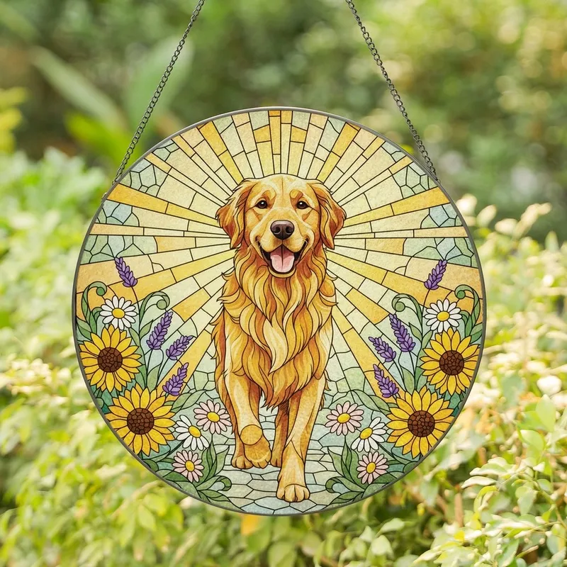Golden Retriever Lovers' Tiffany-Style Stained Glass Wildflower Golden Retriever Jewel Tone Art Pattern Stained Glass Suncatcher - 1