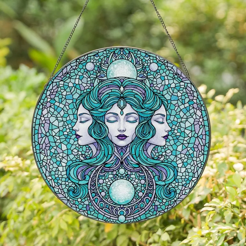 Celestial Art Fans' Tiffany Stained Glass Triple Goddess Design Teal Aqua Lavender Jewel Tones Intricate Mosaic Celestial Pattern Stained Glass Suncatcher - 1