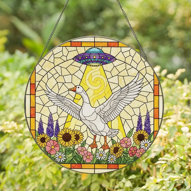 Whimsical Art Lovers' Vibrant Tiffany Stained Glass Goose UFO Abduction Floral Mosaic Stained Glass Suncatcher - 1