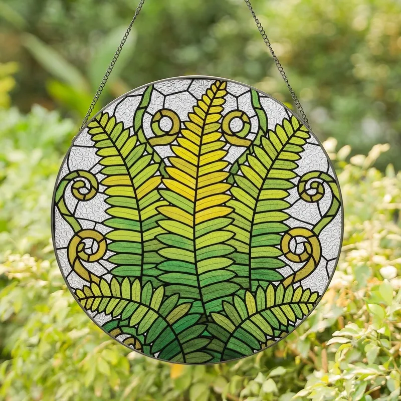 Nature Lovers' Tiffany Style Golden Green Stained Glass Fern Frond Botanical Mosaic Pattern Stained Glass Suncatcher - 1