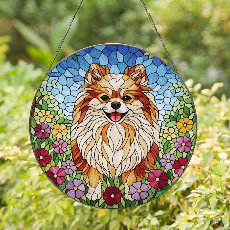Pomeranian Lovers' Vibrant Tiffany Stained Glass Joyful Pomeranian Wildflower Mosaic Design Stained Glass Suncatcher - 1