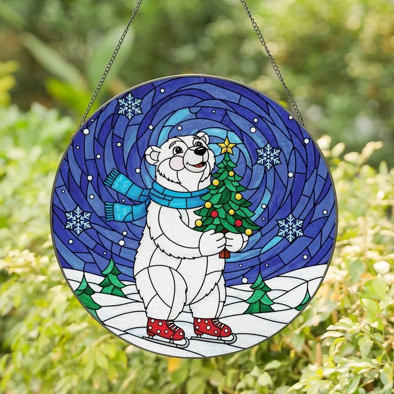 Holiday Lovers' Tiffany Style Stained Glass Polar Bear Christmas Tree Ruby Red Gold Jewel Tone Winter Mosaic Stained Glass Suncatcher - v1pcCl4LpT