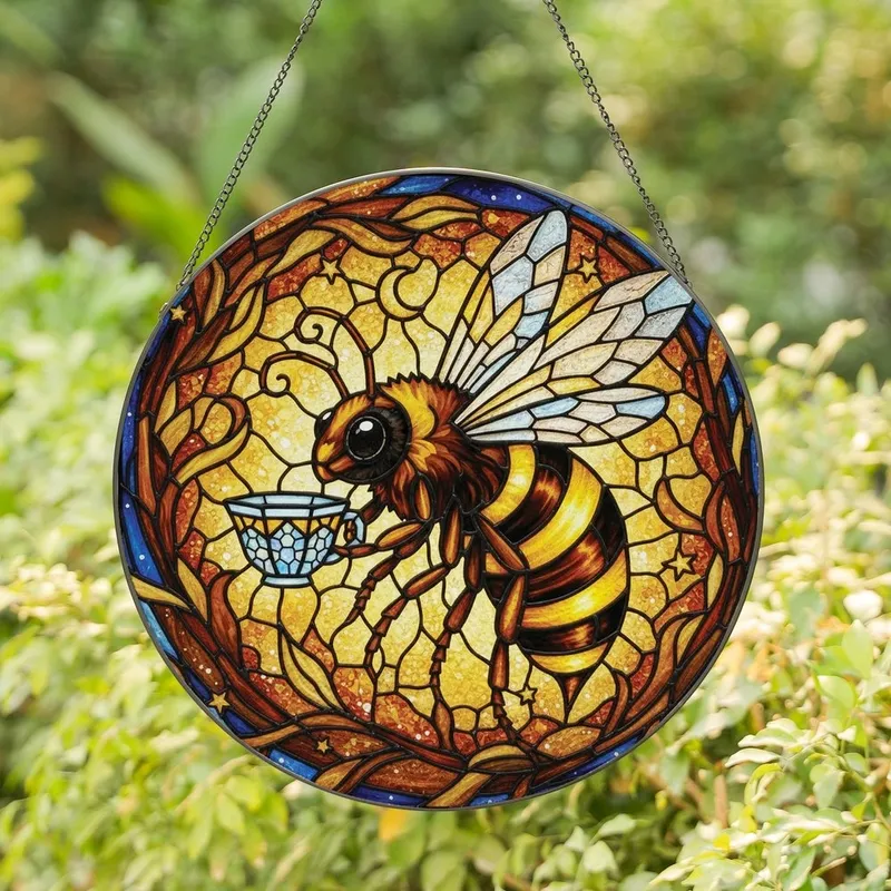 Nature Lovers' Tiffany Stained Glass Honeybee Teacup Golden Amber Blue Organic Mosaic Stained Glass Suncatcher - J8m7v91uBA
