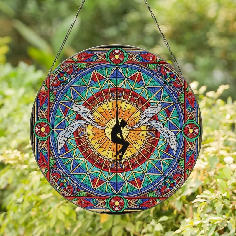 Art Lovers' Vibrant Tiffany Stained Glass Aerialist Silhouette Jewel Tone Ornate Floral Mosaic Stained Glass Suncatcher - 1