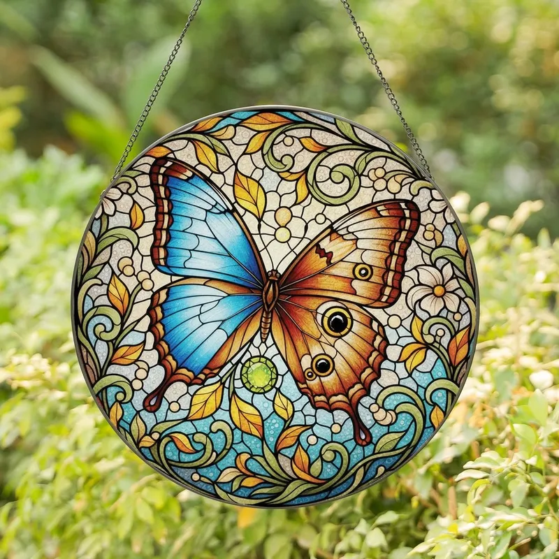 Nature Lovers' Jewel Tone Morpho Butterfly Tiffany Style Stained Glass Art Pattern Stained Glass Suncatcher - BK3AGQ2UUG