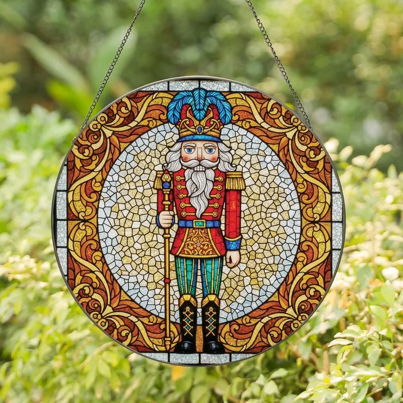 Christmas Enthusiasts' Tiffany Style Stained Glass Nutcracker Gold Red Blue Floral Mosaic Stained Glass Suncatcher - GBrhO6x7Gm