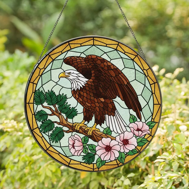Stained Glass Art Enthusiasts' Tiffany Style Bald Eagle, Pink Flowers, Golden Amber Web Mosaic Stained Glass Suncatcher - 1