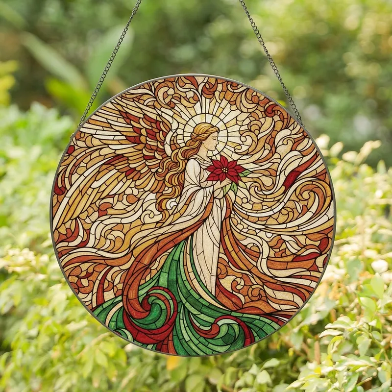 Spiritual Art Admirers Tiffany Style Stained Glass Serene Angel Poinsettia Jewel Tone Celestial Mosaic Stained Glass Suncatcher - 1