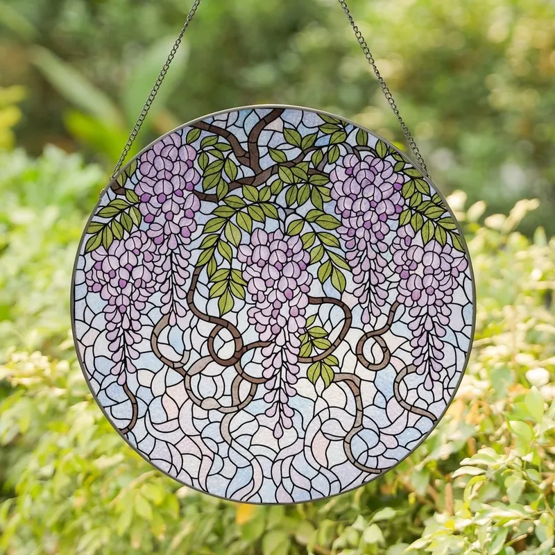 Art Lovers' Tiffany-Inspired Cascading Wisteria Jewel Tone Floral Mosaic Stained Glass Suncatcher - 1