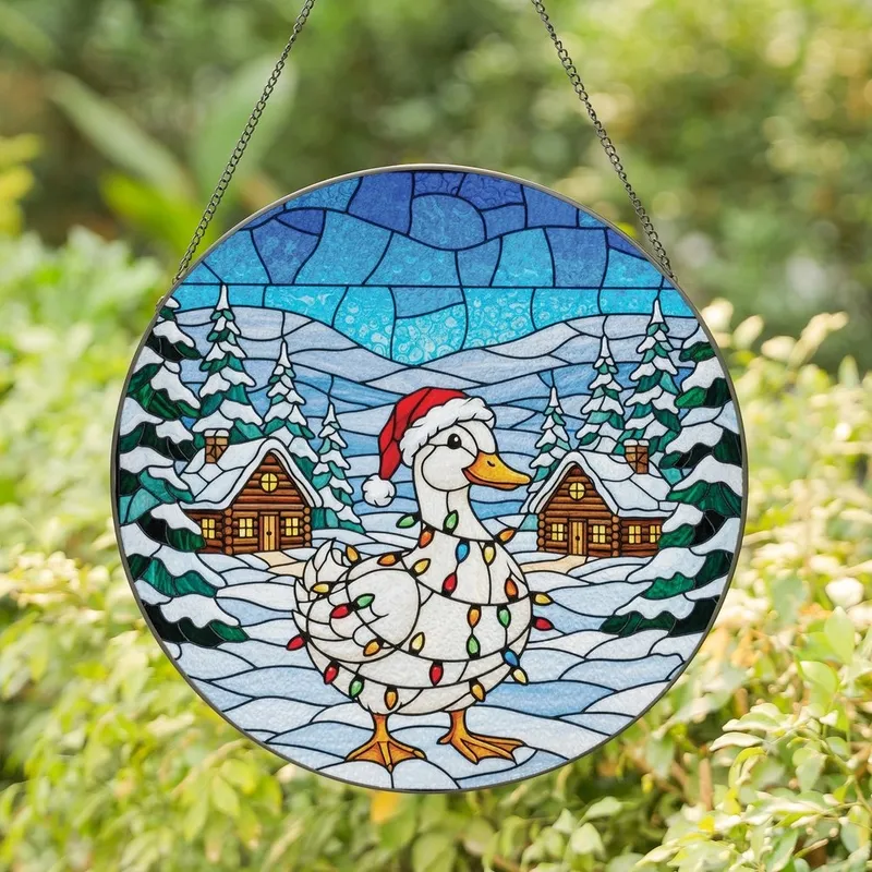 Holiday Art Lovers' Jewel Tone Tiffany Stained Glass Duck Christmas Lights Winter Scene Stained Glass Suncatcher - 1