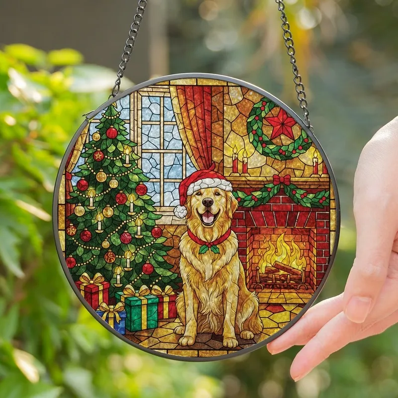 Golden Retriever Lovers' Tiffany Stained Glass Ruby Gold Emerald Christmas Fireplace Tree Stained Glass Suncatcher - ZWETVHCcnF