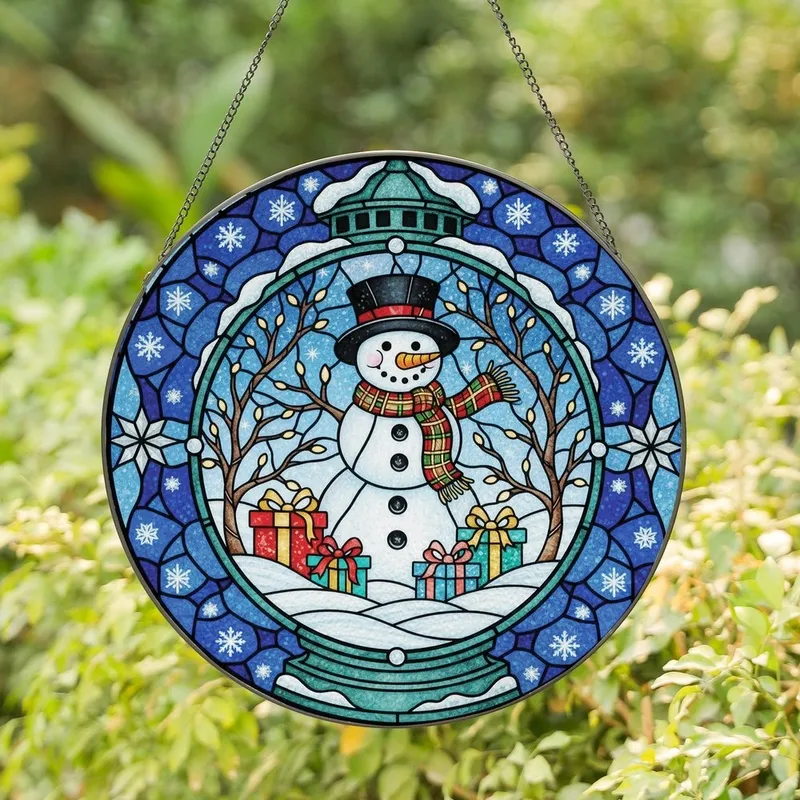 Family Holiday Enthusiasts' Glowing Tiffany Stained Glass Snowman Lantern Festive Teal Red Gold White Winter Night Mosaic Stained Glass Suncatcher - 1