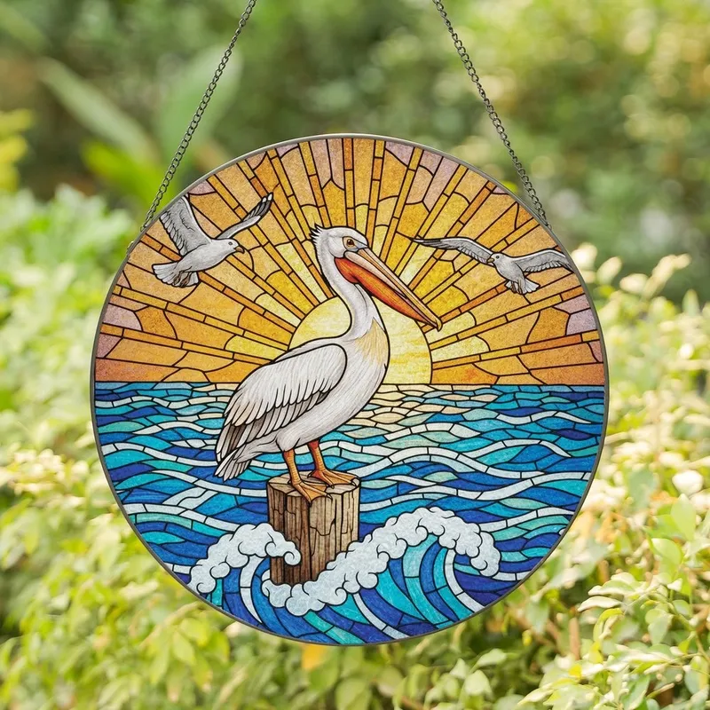 Coastal Enthusiasts' Detailed Stained Glass Pelican Seascape Art Vibrant Blue Teal Orange Purple Sunset Mosaic Stained Glass Suncatcher - 1
