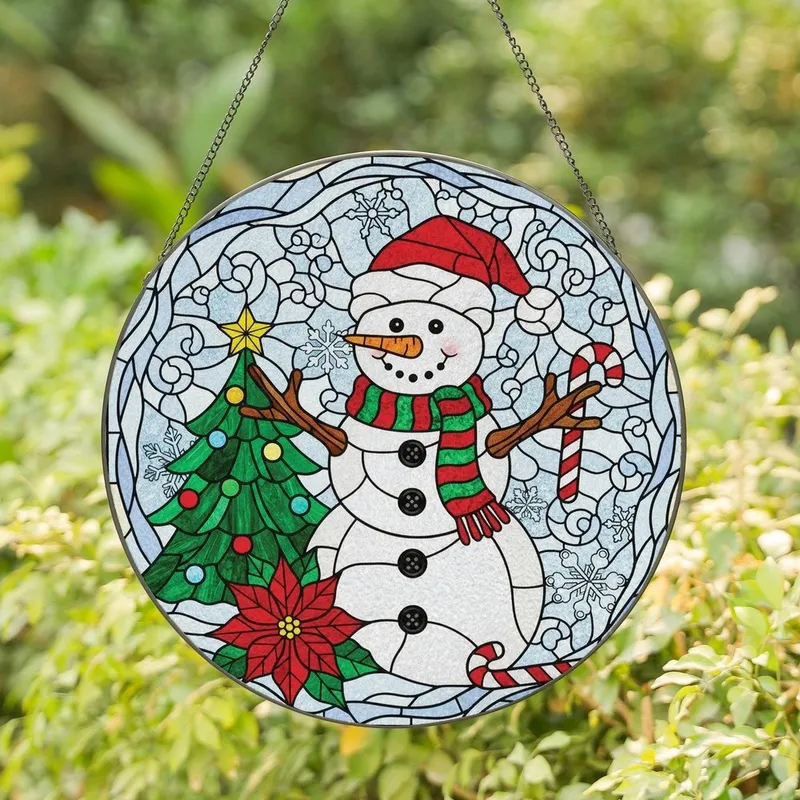 Holiday Celebrators' Vibrant Tiffany Stained Glass Snowman Christmas Tree Poinsettia Mosaic Stained Glass Suncatcher - 1