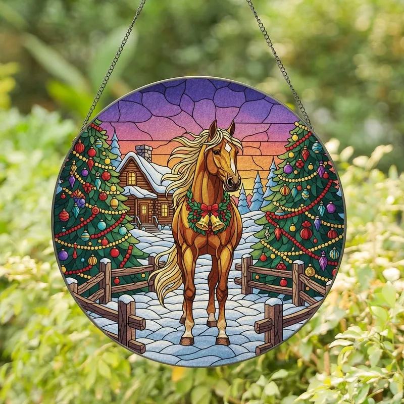 Holiday Horse Lovers' Vibrant Stained Glass Golden Horse Christmas Wreath Snowy Cabin Jewel Tone Mosaic Stained Glass Suncatcher - 1