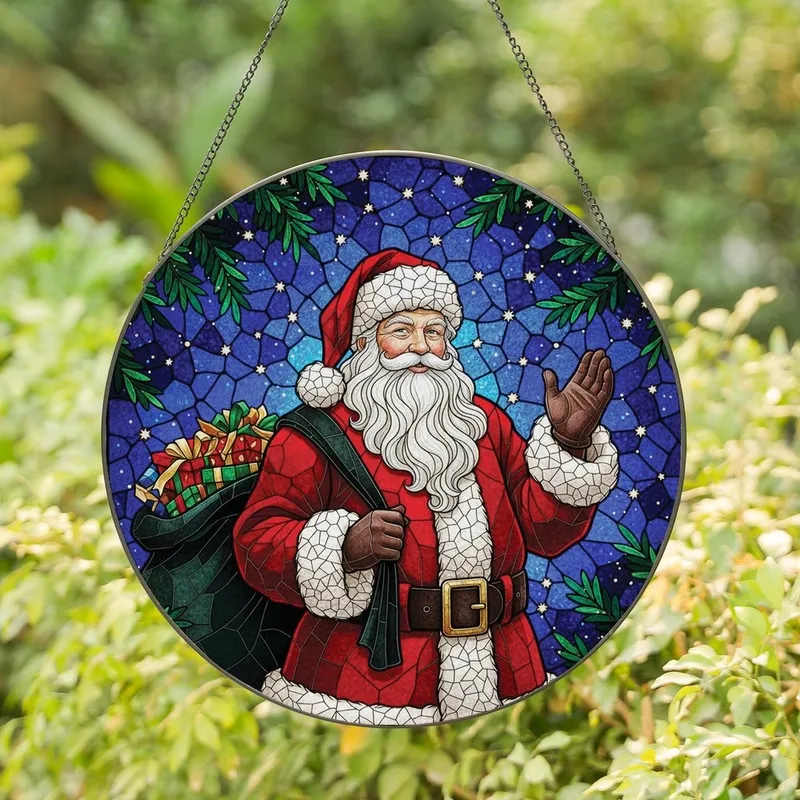 Holiday Decor Lovers' Detailed Stained Glass Santa, Crimson Emerald Sapphire Tiffany Jewel Tones, Starry Winter Night Mosaic Stained Glass Suncatcher - -mss2_AegA
