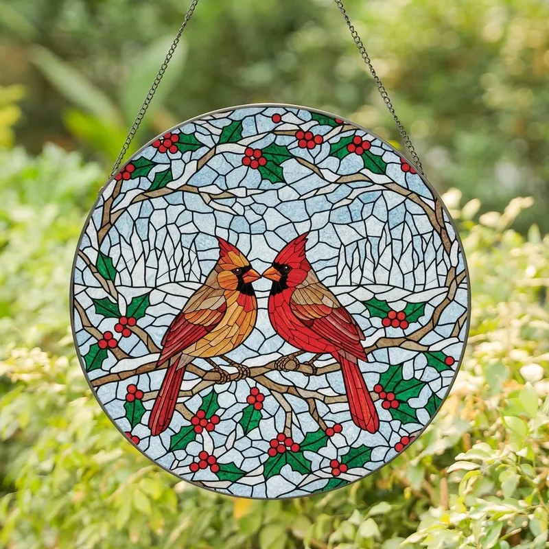 Nature Lovers' Tiffany Stained Glass Northern Cardinals Winter Jewel-Toned Mosaic Stained Glass Suncatcher - pXojrx2yvv