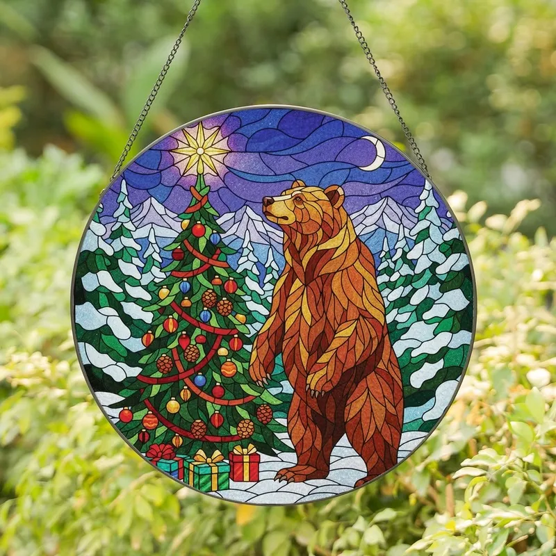 Festive Nature Lovers' Tiffany Stained Glass Bear Christmas Tree Winter Forest Mosaic Jewel Tones Stained Glass Suncatcher - 1