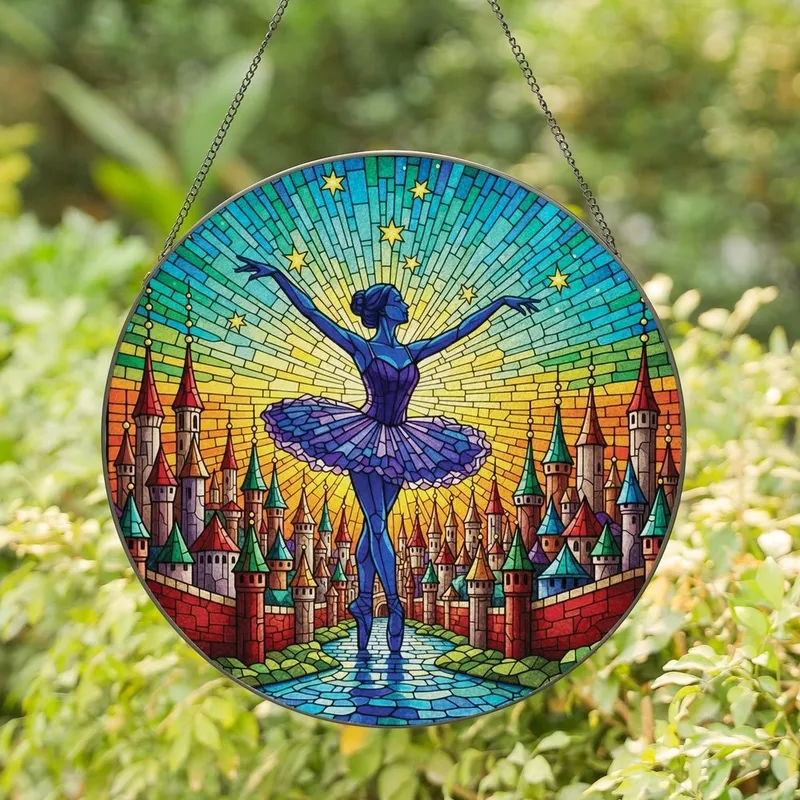Ballet & Fantasy Art Lovers' Intricate Tiffany Stained Glass Castle Ballerina Jewel Tone Mosaic Stained Glass Suncatcher - 1