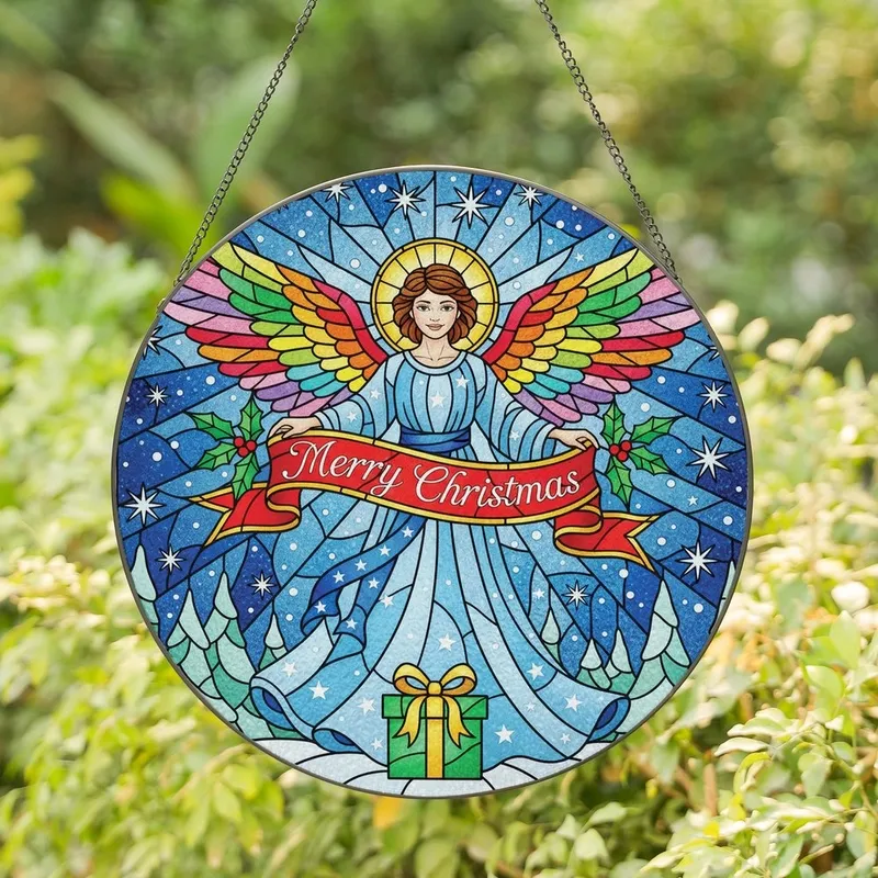Christmas Enthusiasts' Radiant Stained Glass Angel Rainbow Wings Red Green Blue Merry Christmas Mosaic Stained Glass Suncatcher - YbvCGavTrP