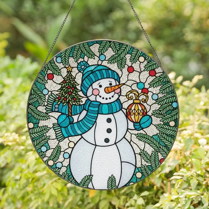 Festive Holiday Enthusiasts' Glowing Stained Glass Snowman Evergreen Jewel Tone Mosaic Design Stained Glass Suncatcher - 1