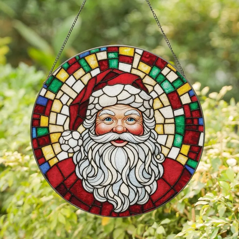 Christmas Art Lovers' Tiffany Style Stained Glass Santa Geometric Halo Mosaic Jewel Tones Stained Glass Suncatcher - yEDqoFM-h_