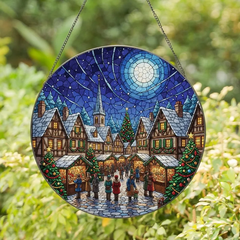 Christmas Art Lovers' Intricate Jewel Tone Stained Glass Village Night Sky Mosaic Stained Glass Suncatcher - 5Trp77PRuJ