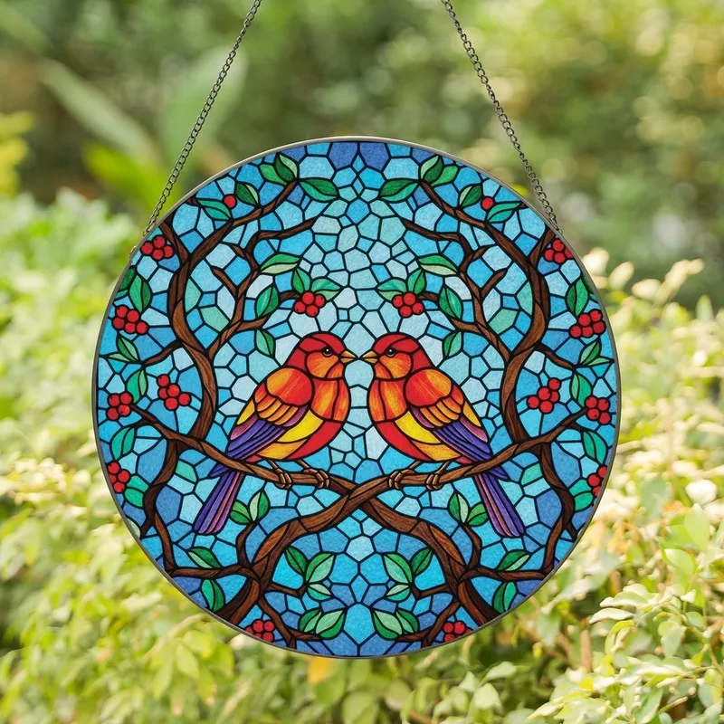Art Enthusiasts' Tiffany Style Stained Glass Birds Red Orange Blue Green Berries Edge-to-Edge Mosaic Stained Glass Suncatcher - 1